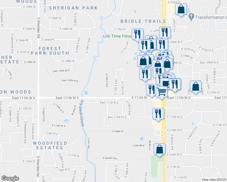 map of restaurants, bars, coffee shops, grocery stores, and more near 11002 South 77th East Avenue in Tulsa