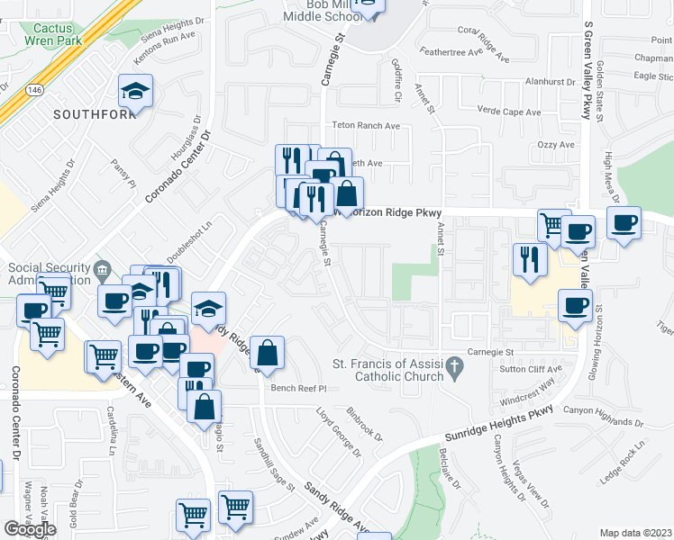 map of restaurants, bars, coffee shops, grocery stores, and more near 700 Carnegie Street in Henderson