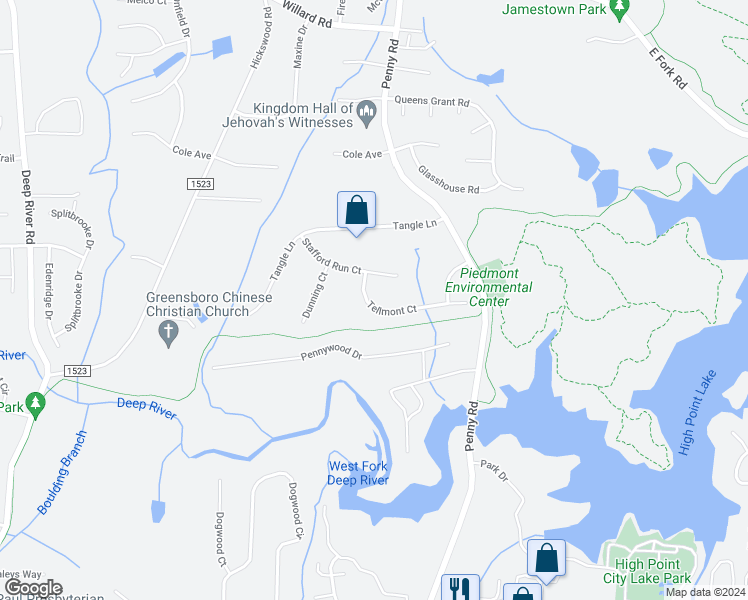 map of restaurants, bars, coffee shops, grocery stores, and more near 4019 Tellmont Court in High Point