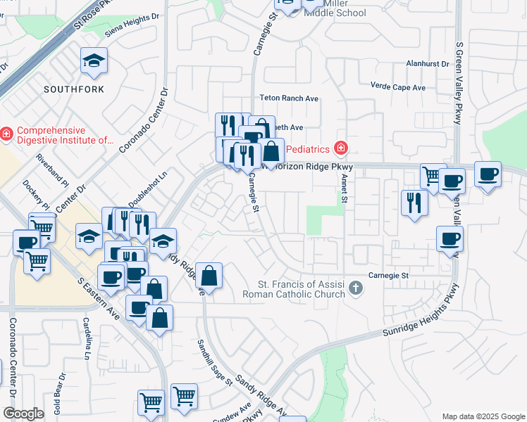 map of restaurants, bars, coffee shops, grocery stores, and more near 700 Carnegie Street in Henderson