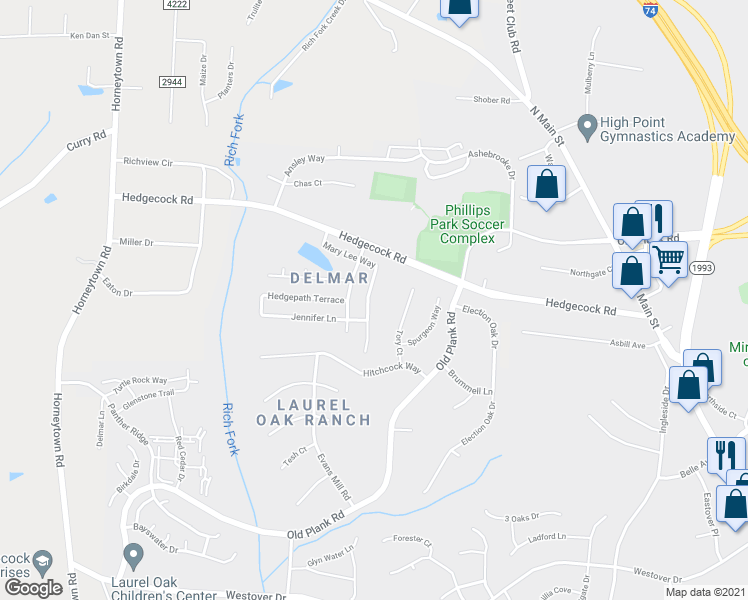 map of restaurants, bars, coffee shops, grocery stores, and more near 6320 Mary Lee Way in High Point
