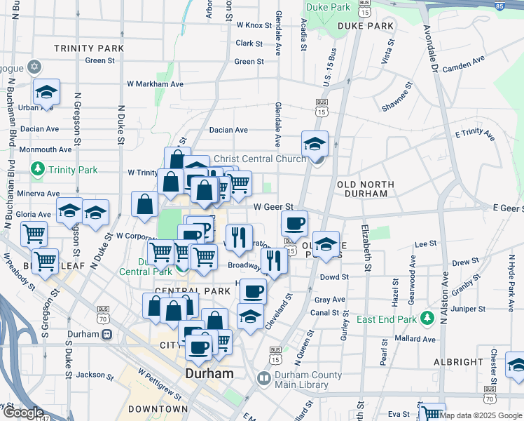 map of restaurants, bars, coffee shops, grocery stores, and more near 211 West Geer Street in Durham