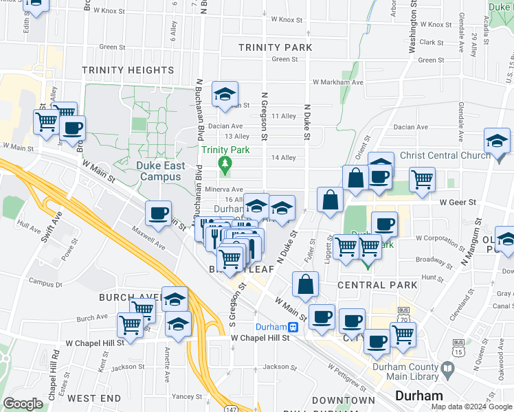 map of restaurants, bars, coffee shops, grocery stores, and more near 1006 Gloria Avenue in Durham