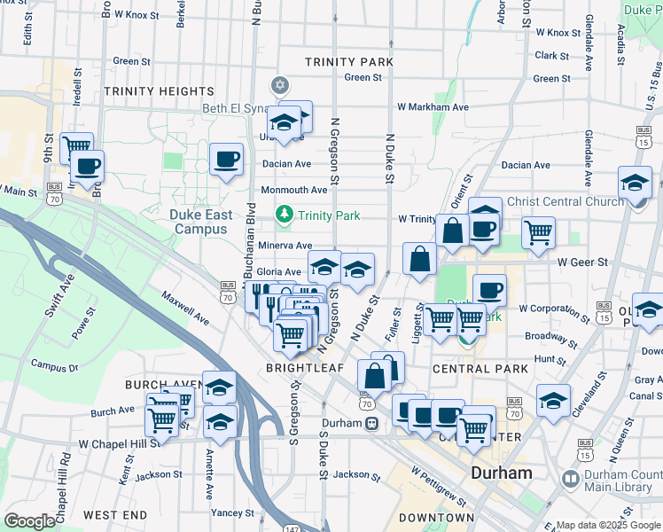 map of restaurants, bars, coffee shops, grocery stores, and more near 401 North Gregson Street in Durham