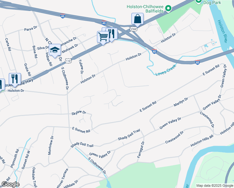 map of restaurants, bars, coffee shops, grocery stores, and more near 5315 Daphne Drive in Knoxville