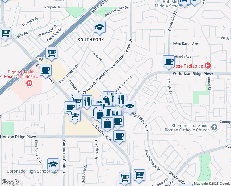 map of restaurants, bars, coffee shops, grocery stores, and more near 676 Doubleshot Lane in Henderson