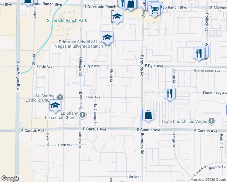 map of restaurants, bars, coffee shops, grocery stores, and more near 10256 Placid Street in Las Vegas