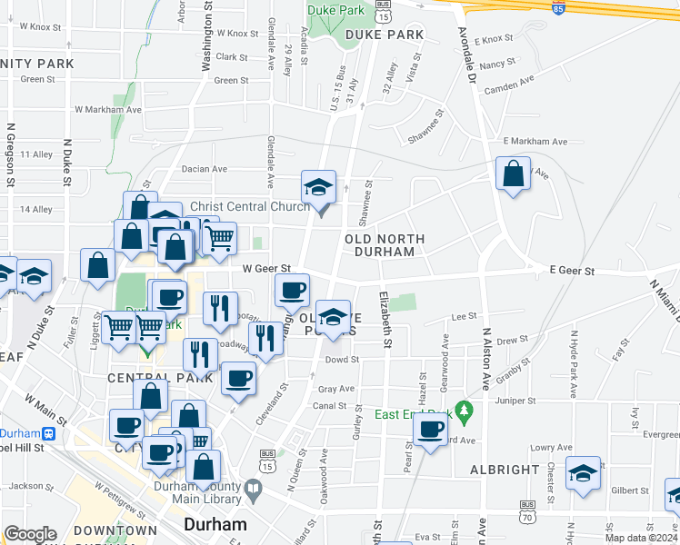 map of restaurants, bars, coffee shops, grocery stores, and more near 1204 North Roxboro Street in Durham