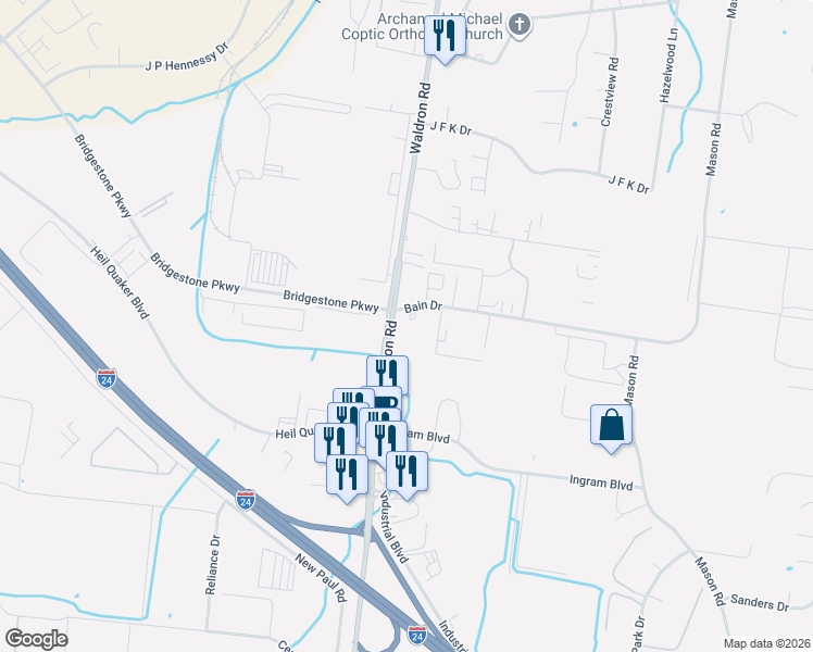 map of restaurants, bars, coffee shops, grocery stores, and more near 461 Waldron Road in La Vergne
