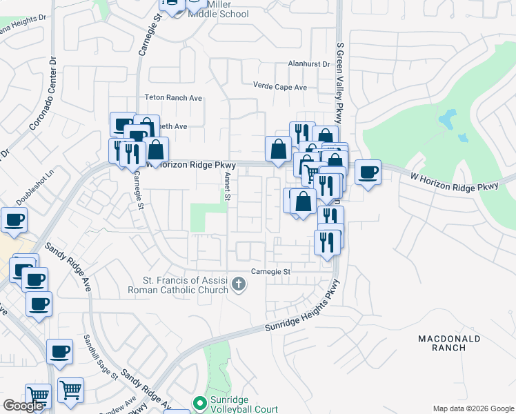 map of restaurants, bars, coffee shops, grocery stores, and more near 2305 West Horizon Ridge Parkway in Henderson