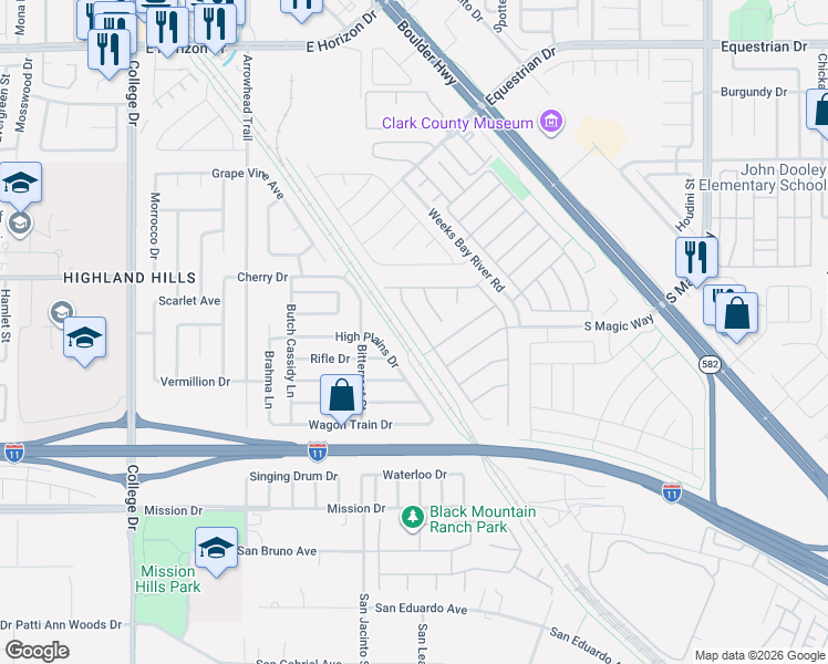 map of restaurants, bars, coffee shops, grocery stores, and more near 951 High Plains Drive in Henderson