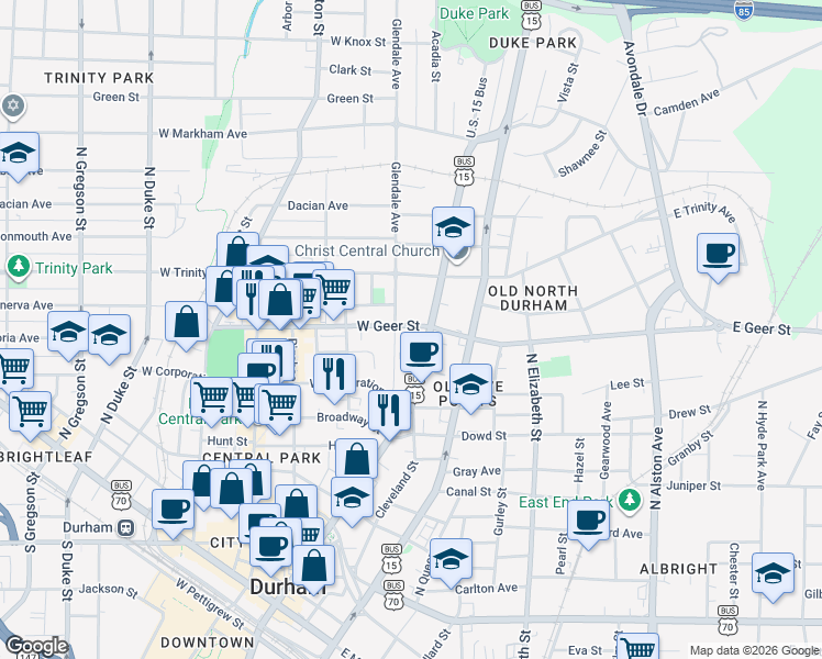 map of restaurants, bars, coffee shops, grocery stores, and more near 823 North Mangum Street in Durham