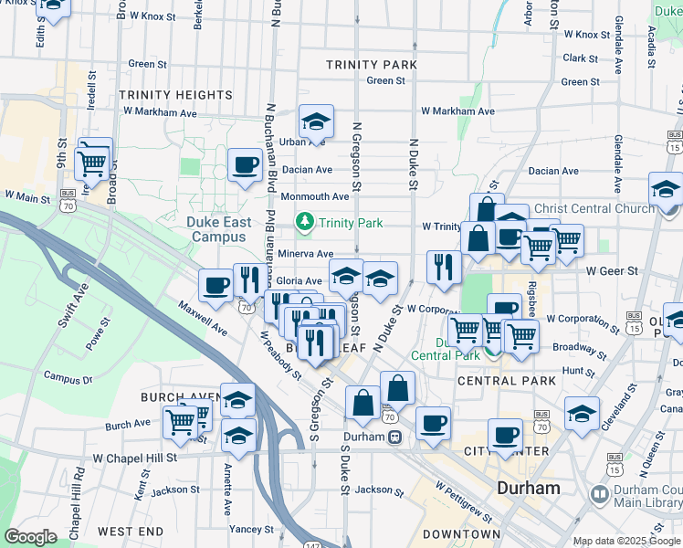 map of restaurants, bars, coffee shops, grocery stores, and more near 1007 Gloria Avenue in Durham
