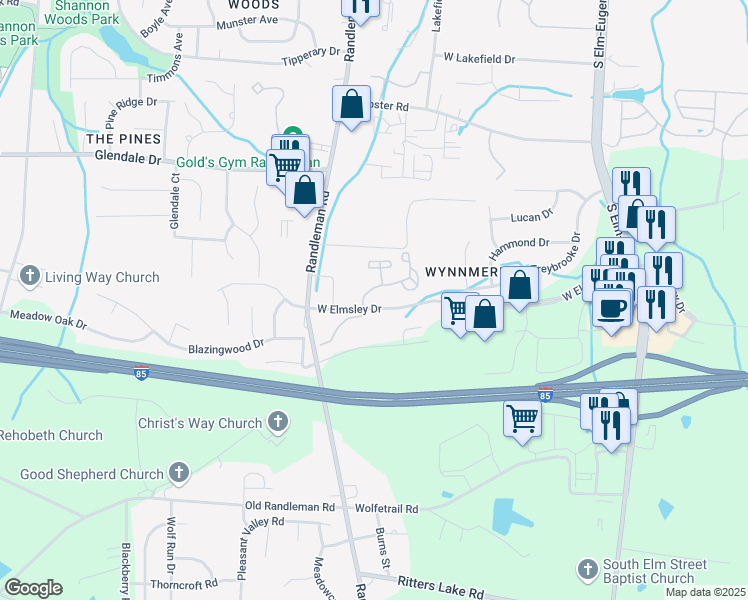 map of restaurants, bars, coffee shops, grocery stores, and more near 514 Kallamdale Road in Greensboro