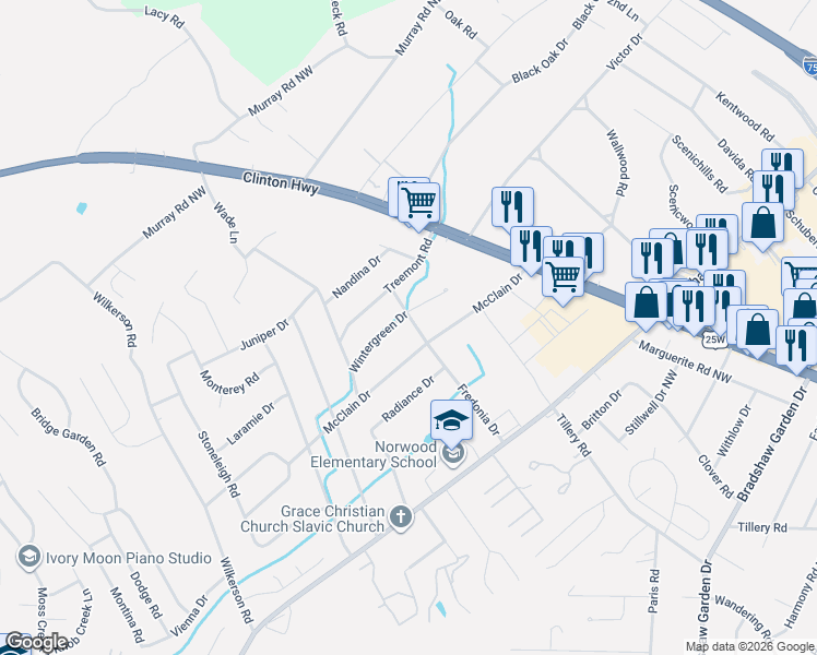 map of restaurants, bars, coffee shops, grocery stores, and more near 1904 McClain Drive in Knoxville