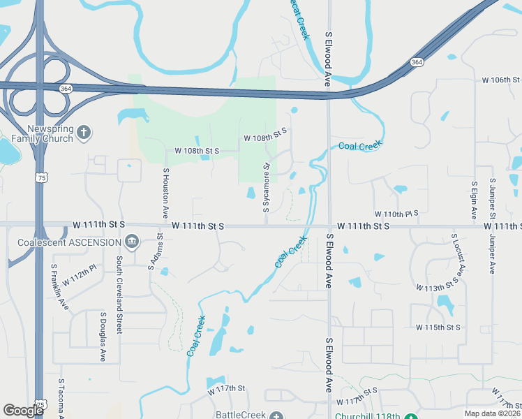 map of restaurants, bars, coffee shops, grocery stores, and more near 11012 South Sycamore Street in Jenks