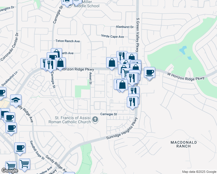 map of restaurants, bars, coffee shops, grocery stores, and more near 2291 West Horizon Ridge Parkway in Henderson