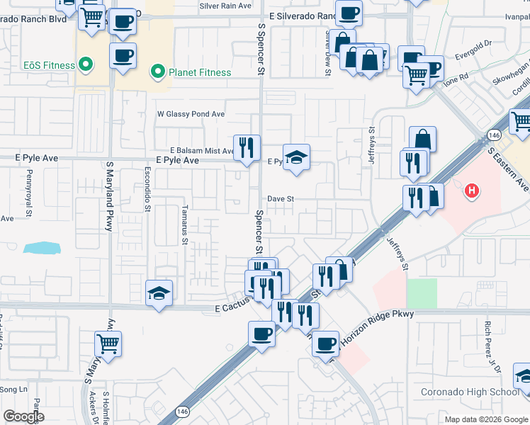 map of restaurants, bars, coffee shops, grocery stores, and more near 10250 Spencer Street in Las Vegas