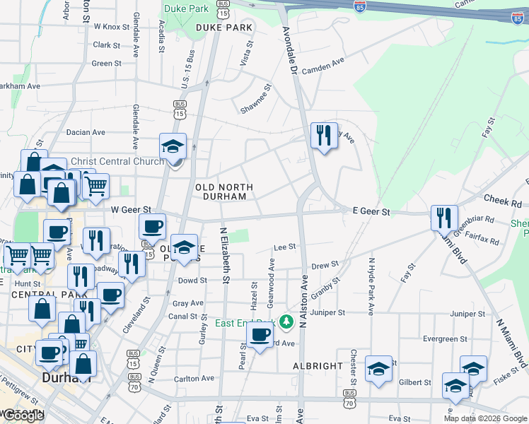 map of restaurants, bars, coffee shops, grocery stores, and more near 504 East Geer Street in Durham