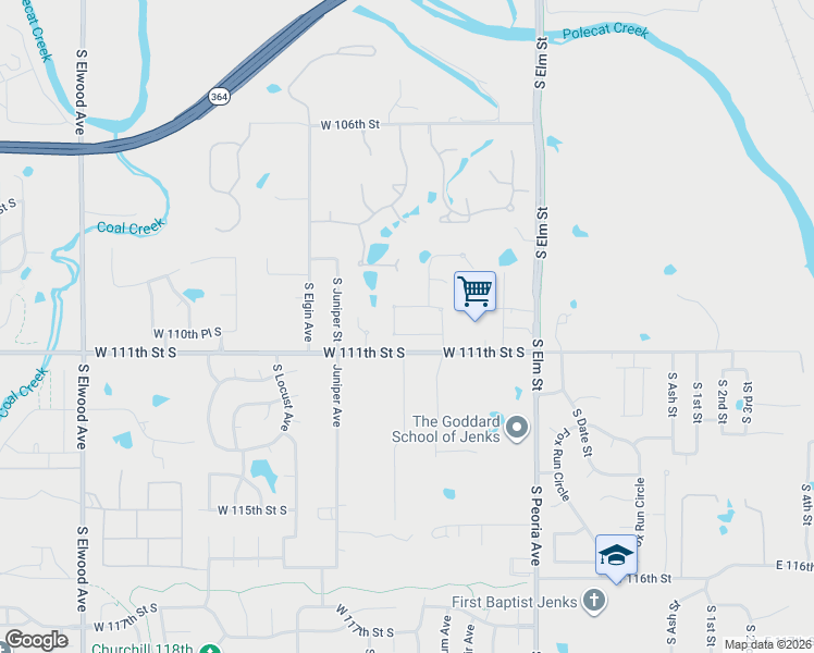 map of restaurants, bars, coffee shops, grocery stores, and more near 707 West 110th Place South in Jenks