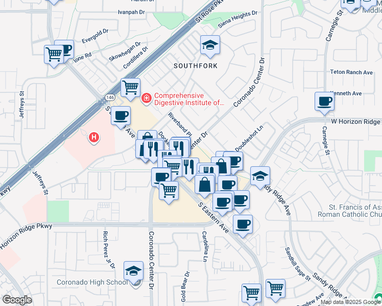 map of restaurants, bars, coffee shops, grocery stores, and more near 780 Coronado Center Drive in Henderson