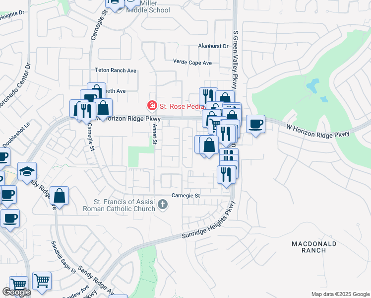 map of restaurants, bars, coffee shops, grocery stores, and more near 2291 West Horizon Ridge Parkway in Henderson