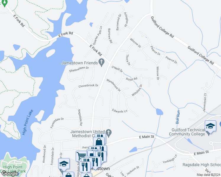 map of restaurants, bars, coffee shops, grocery stores, and more near 102 Oneil Court in Jamestown