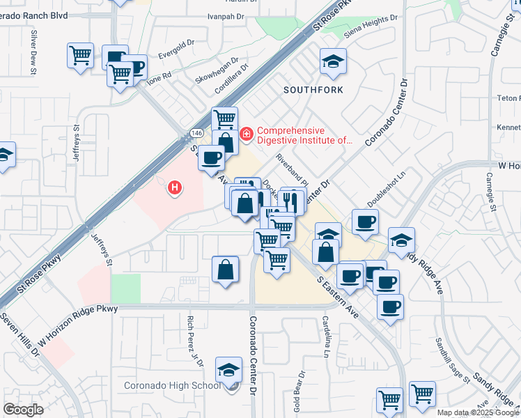 map of restaurants, bars, coffee shops, grocery stores, and more near 10271 South Eastern Avenue in Henderson