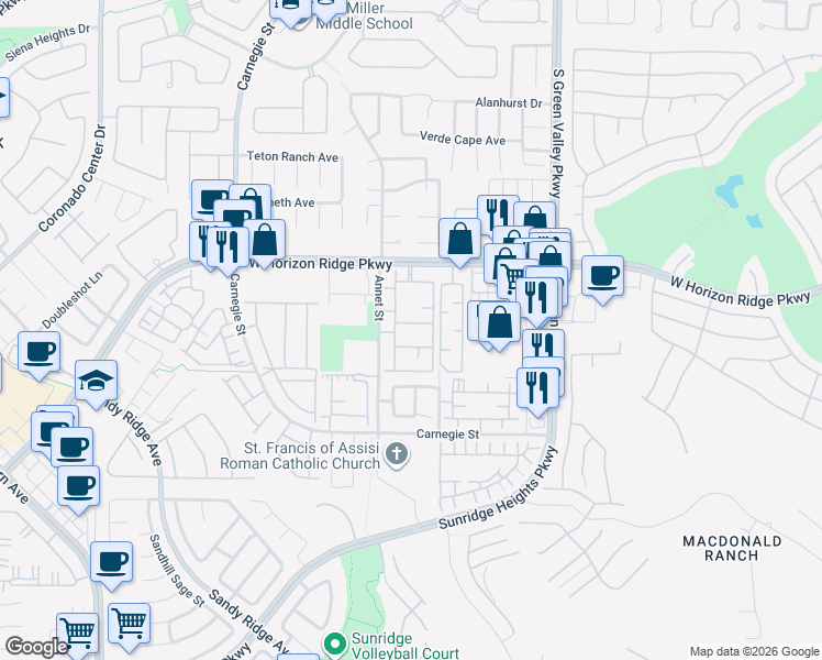 map of restaurants, bars, coffee shops, grocery stores, and more near 2305 West Horizon Ridge Parkway in Henderson
