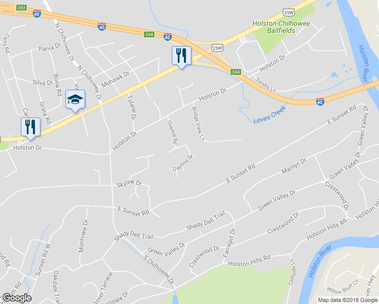map of restaurants, bars, coffee shops, grocery stores, and more near 5318 Pinnacle Road in Knoxville