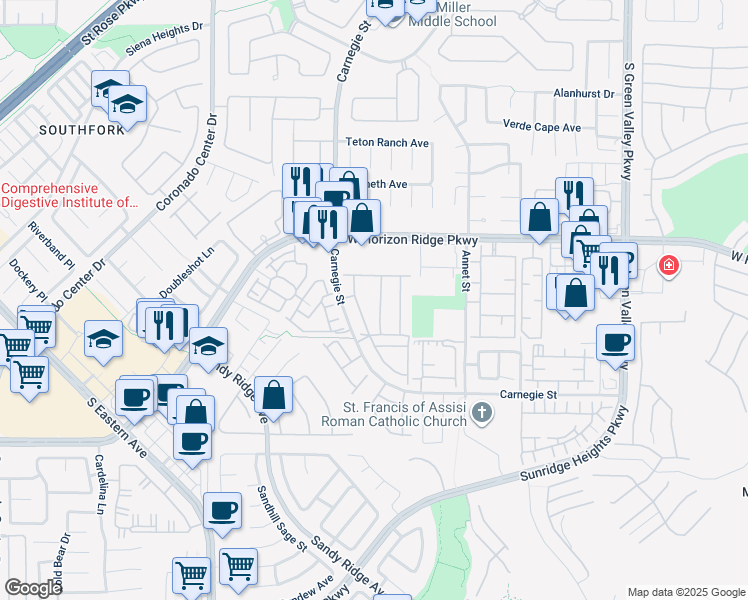 map of restaurants, bars, coffee shops, grocery stores, and more near 700 Carnegie Street in Henderson