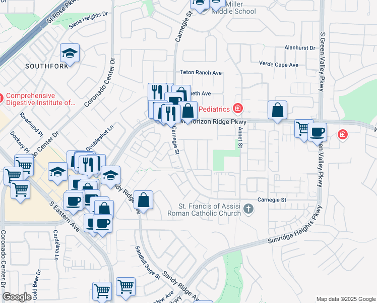 map of restaurants, bars, coffee shops, grocery stores, and more near 700 Carnegie Street in Henderson