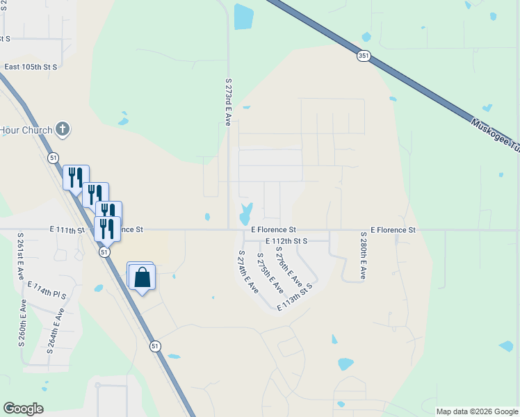 map of restaurants, bars, coffee shops, grocery stores, and more near 11016 South 275th East Avenue in Coweta