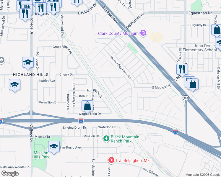 map of restaurants, bars, coffee shops, grocery stores, and more near 630 Bighorn Creek Street in Henderson