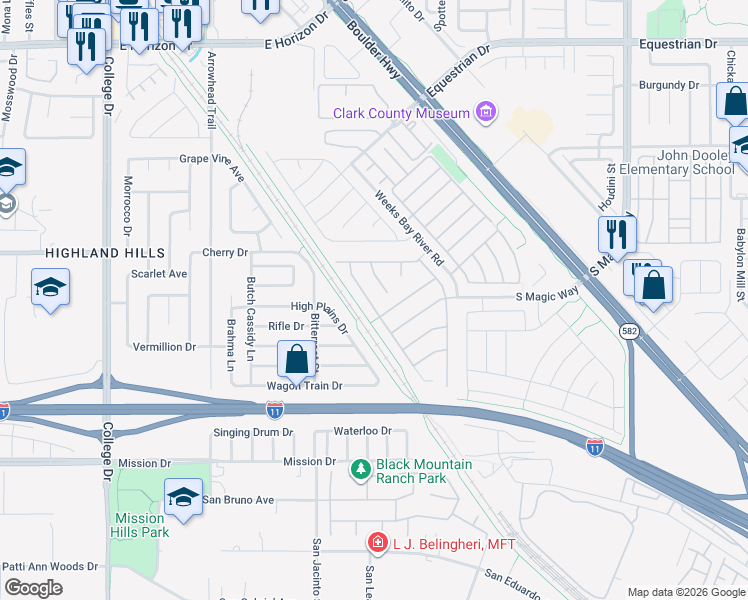 map of restaurants, bars, coffee shops, grocery stores, and more near 630 Bighorn Creek Street in Henderson