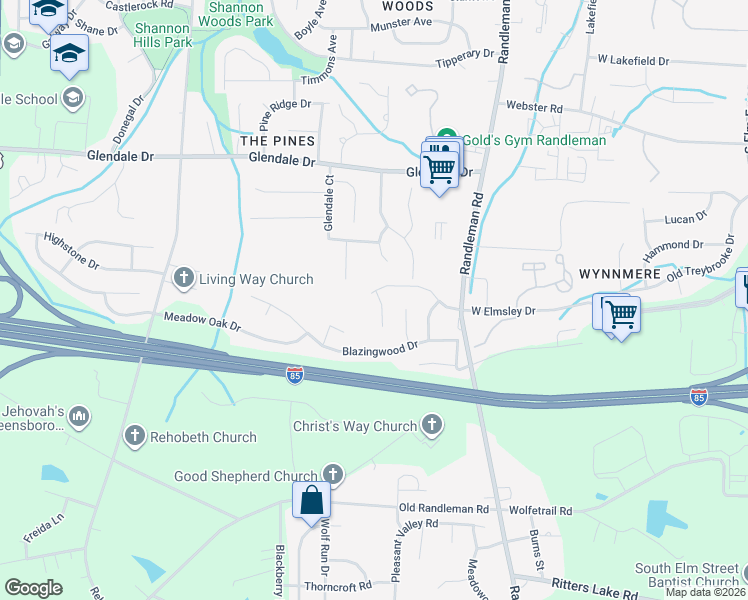 map of restaurants, bars, coffee shops, grocery stores, and more near 4226 Nestleway Court in Greensboro
