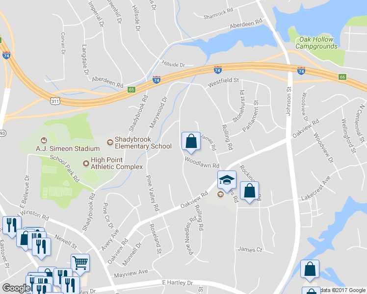 map of restaurants, bars, coffee shops, grocery stores, and more near 3506 Rolling Road in High Point
