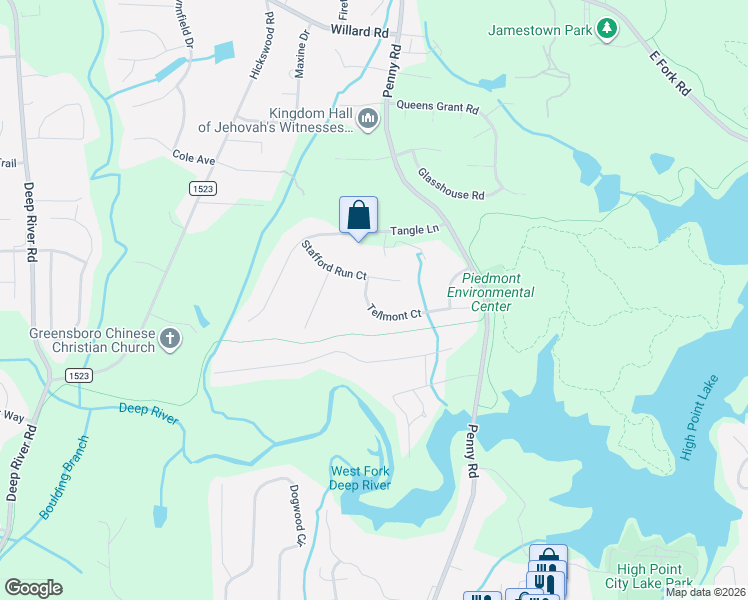 map of restaurants, bars, coffee shops, grocery stores, and more near 3944 Stafford Run Court in High Point