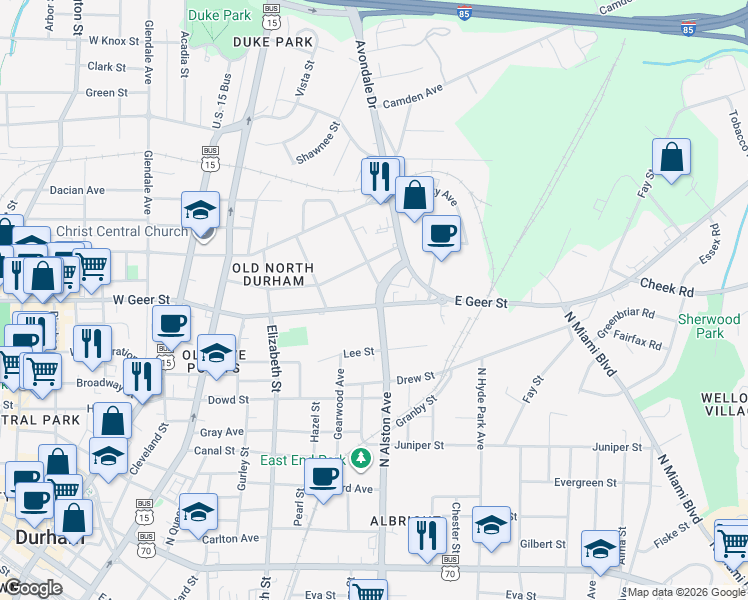 map of restaurants, bars, coffee shops, grocery stores, and more near 1715 North Alston Avenue in Durham