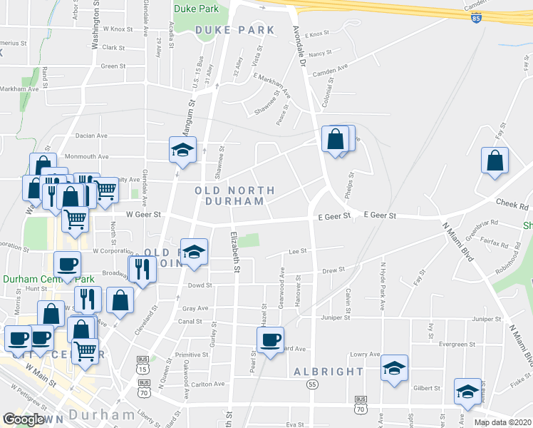 map of restaurants, bars, coffee shops, grocery stores, and more near 408 Edward Street in Durham
