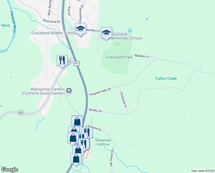 map of restaurants, bars, coffee shops, grocery stores, and more near 205 Manley Court in Franklin