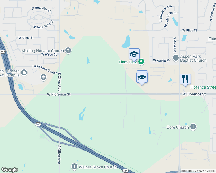 map of restaurants, bars, coffee shops, grocery stores, and more near 13565 East 111th Street South in Broken Arrow