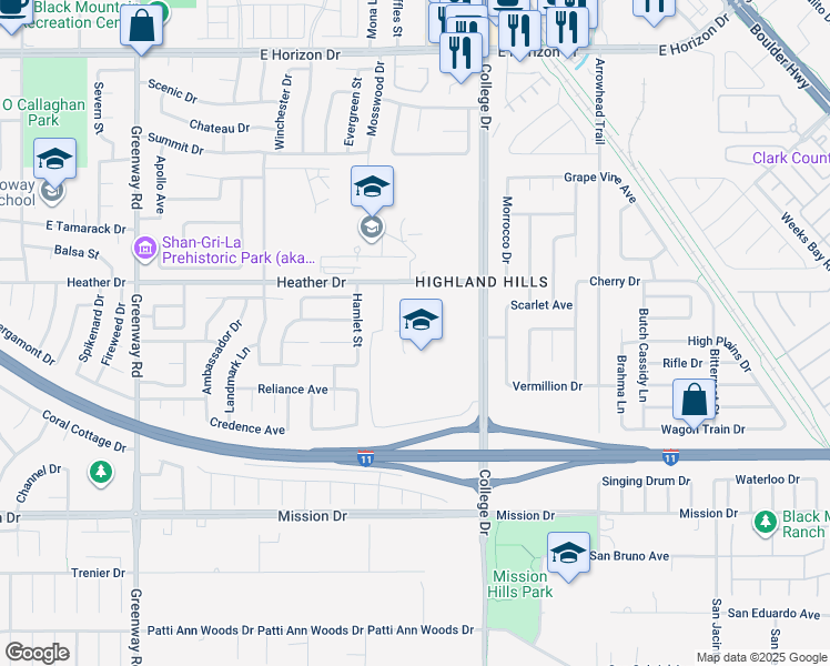 map of restaurants, bars, coffee shops, grocery stores, and more near 800 College Drive in Henderson