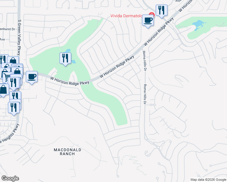 map of restaurants, bars, coffee shops, grocery stores, and more near 554 Mountain Links Drive in Henderson