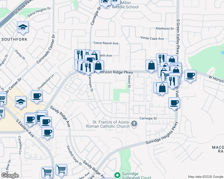 map of restaurants, bars, coffee shops, grocery stores, and more near 700 Carnegie Street in Henderson