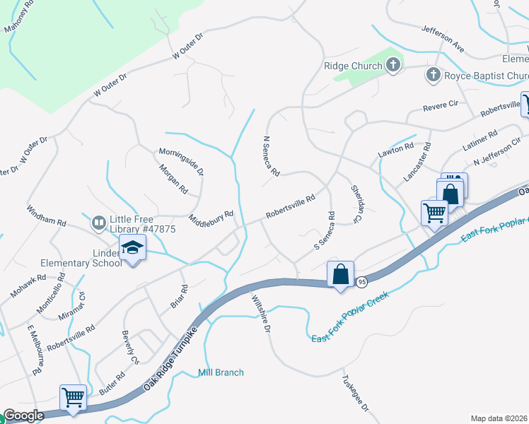 map of restaurants, bars, coffee shops, grocery stores, and more near 109 Stanton Lane in Oak Ridge