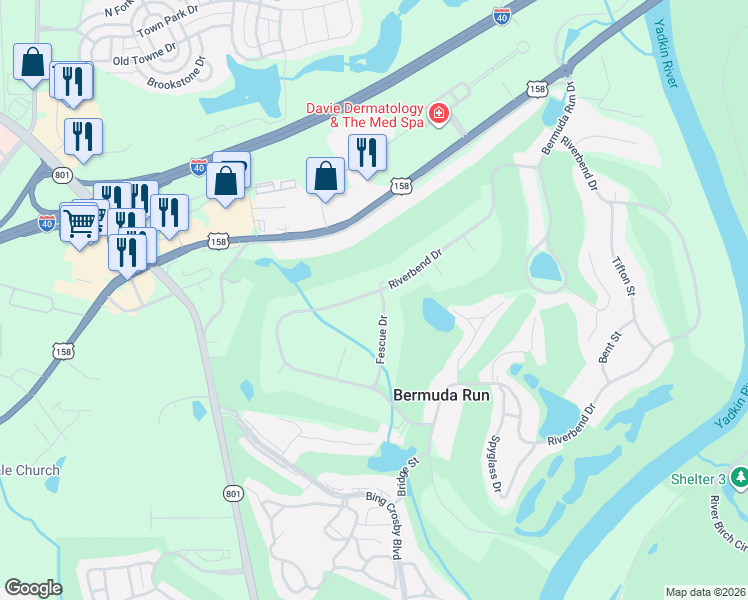 map of restaurants, bars, coffee shops, grocery stores, and more near 991 Riverbend Drive in Advance