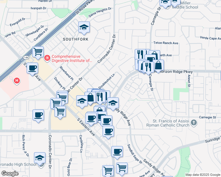 map of restaurants, bars, coffee shops, grocery stores, and more near 2649 Smooth Blend Place in Henderson
