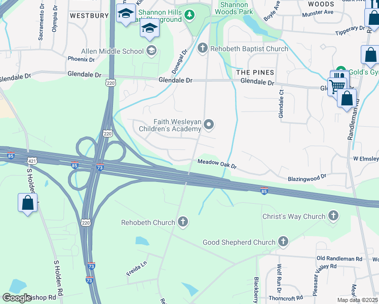 map of restaurants, bars, coffee shops, grocery stores, and more near 4356 Creekdale Drive in Greensboro