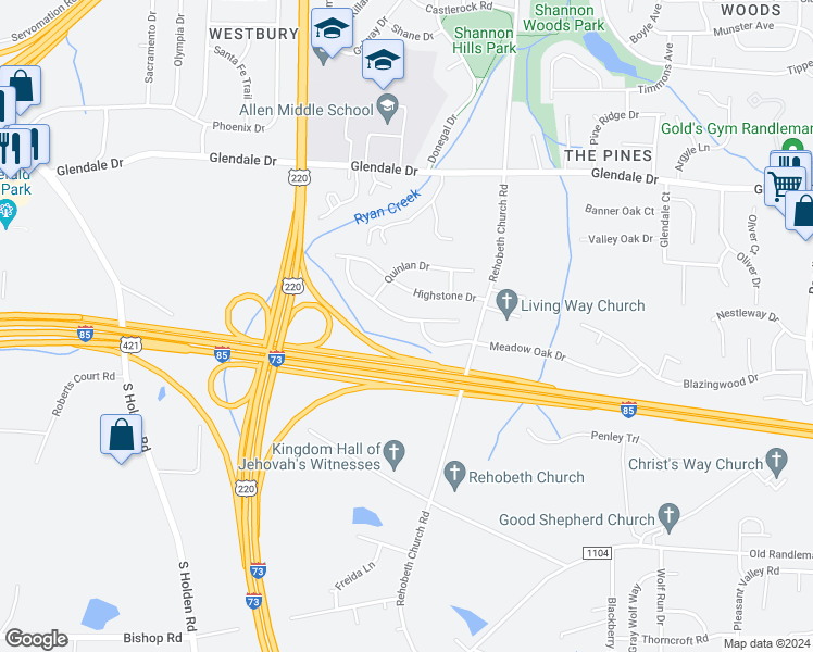 map of restaurants, bars, coffee shops, grocery stores, and more near 4338 Creekdale Drive in Greensboro
